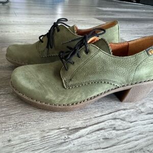 Jungla Green Leather Lace Up Oxford Heels Comfort Shoes Made in Spain EU 39
